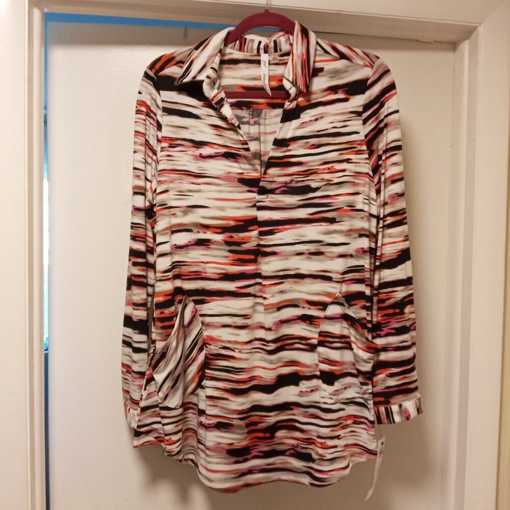 NY Collection V-Neck Stretch Tunic Top Pockets Size L NWT  /B20